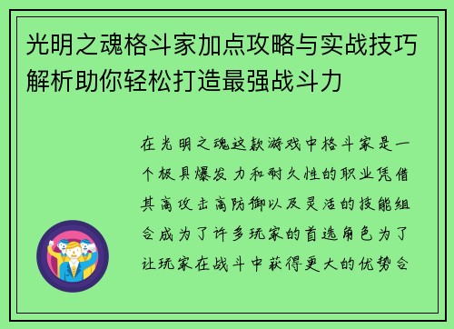 光明之魂格斗家加点攻略与实战技巧解析助你轻松打造最强战斗力 光明之魂格斗家加点攻略与实战技巧解析助你轻松打造最强战斗力
